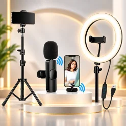 Home 53 6 Ft Tripod Stand, 10 LED Ring Light & K8 Wireless Microphone Combo
