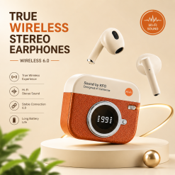 Home 15 Q86 Retro Camera Design True Wireless Earbuds – Bluetooth 5.4 TWS with Leather Texture, Digital LED Display, Low Latency Gaming & ENC Noise Reduction